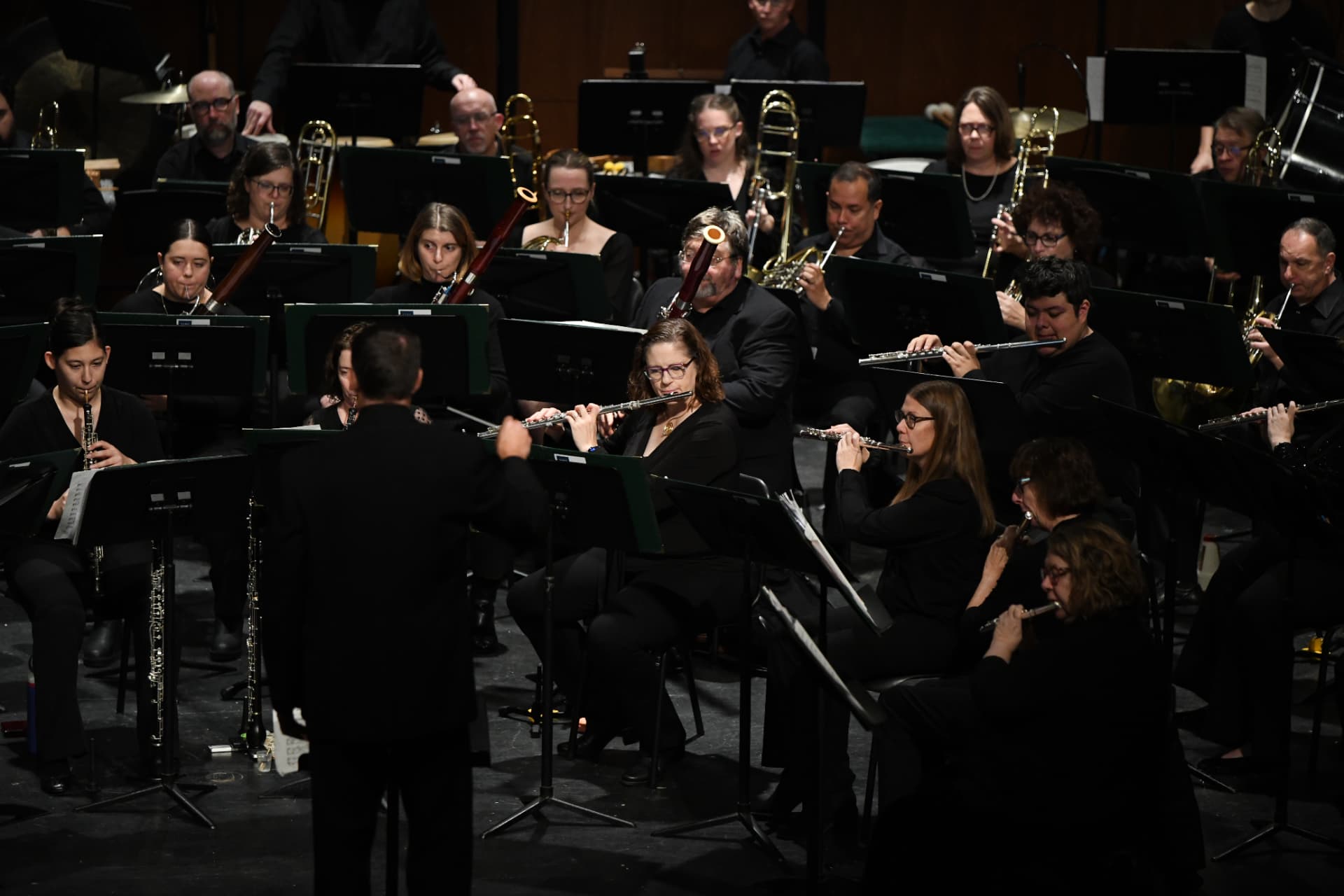 The conductor's back with flutes and brass performing behind him