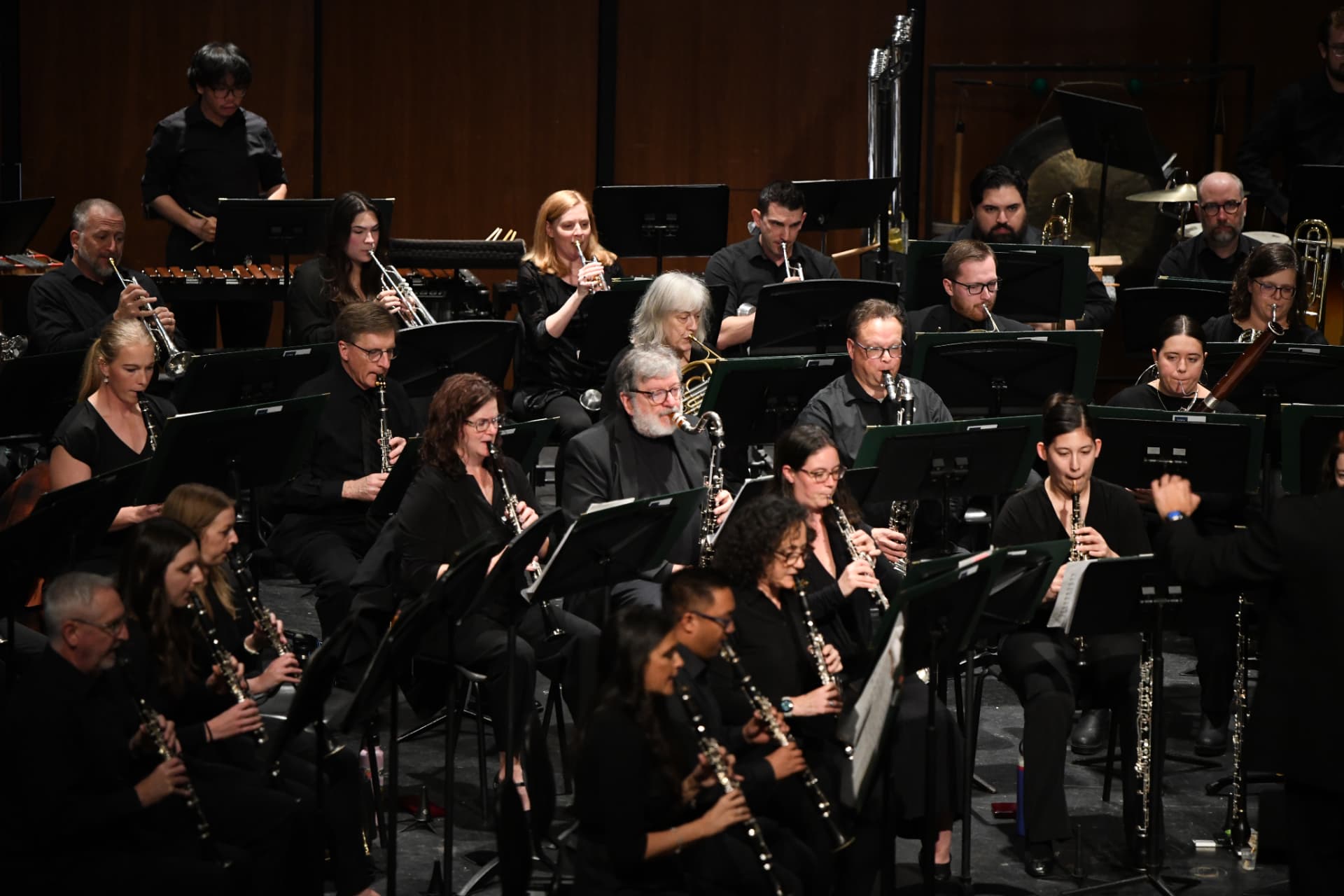 Woodwind and trumpet players in close focus